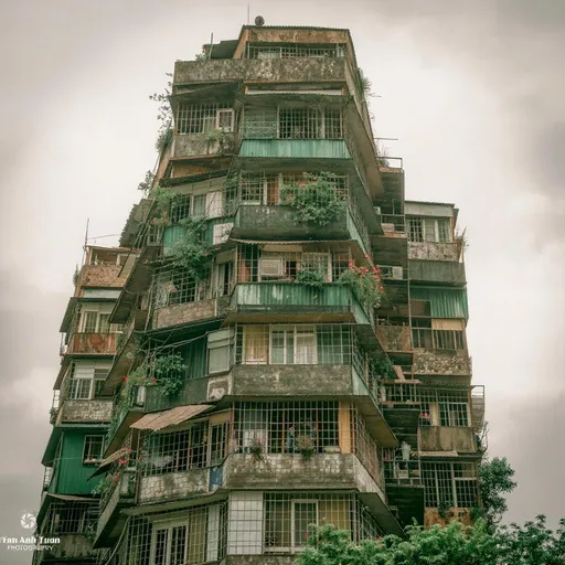 Prompt: A densely packed facade of a multi-story building dominates the scene, showcasing a hodgepodge of balconies and windows layered on top of one another, each adorned with an array of plants and personal belongings, hinting at the lives within. The structure, marked by weathered, eclectic materials and colors, reflects a blend of urban decay and resilience, with sections painted in muted greens and rusted grays, while bursts of red from a flag and vibrant flowers add subtle life to the otherwise stark environment. An atmosphere of both community and isolation pervades as figures—possibly residents—are glimpsed through the barred windows, engaged in everyday activities amidst the remnants of vibrant city life. The composition captures the nuances of urban living, where nature and human habitation intertwine in the shadow of towering concrete, suggesting stories of survival and camaraderie in a bustling metropolis. The overall mood evokes nostalgia and introspection, framed under a muted sky that hints at the passage of time in this complex mosaic of existence.