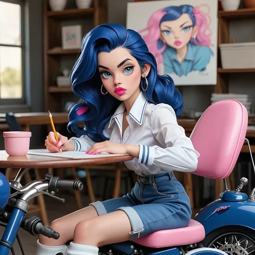 Prompt: Girl with dark blue hair with white pink lips white blouse blue sweater sitting on a chair in front of a table drawing a motorcycle.