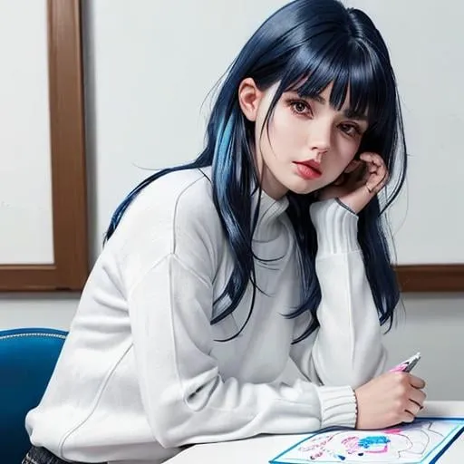 Prompt: Girl with dark blue hair with white pink lips white blouse blue sweater sitting on a chair in front of a table drawing a motorcycle.