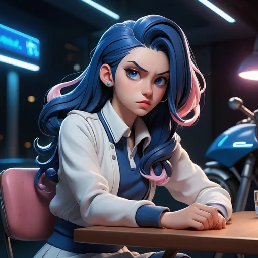 Prompt: Detailed illustration of a girl with dark blue hair, white-pink lips, white blouse, blue sweater, sitting on a chair in front of a table, drawing a motorcycle, night scene, highres, sci-fi, futuristic, anime, cool tones, detailed hair, realistic, detailed clothing, focused expression, professional lighting