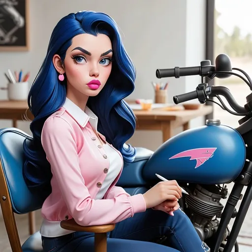 Prompt: Girl with dark blue hair with white pink lips white blouse blue sweater sitting on a chair in front of a table drawing a motorcycle.