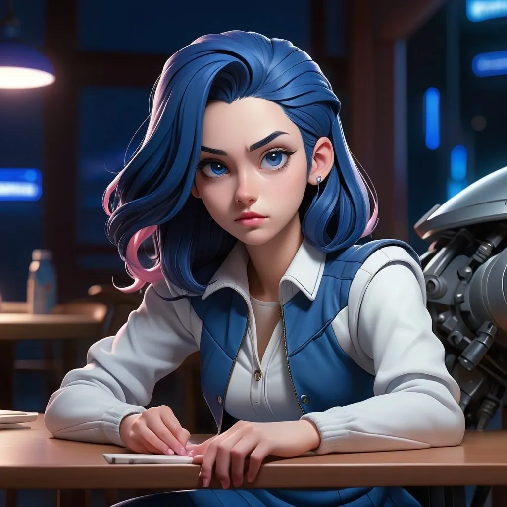 Prompt: Detailed illustration of a girl with dark blue hair, white-pink lips, white blouse, blue sweater, sitting on a chair in front of a table, drawing a motorcycle, night scene, highres, sci-fi, futuristic, anime, cool tones, detailed hair, realistic, detailed clothing, focused expression, professional lighting