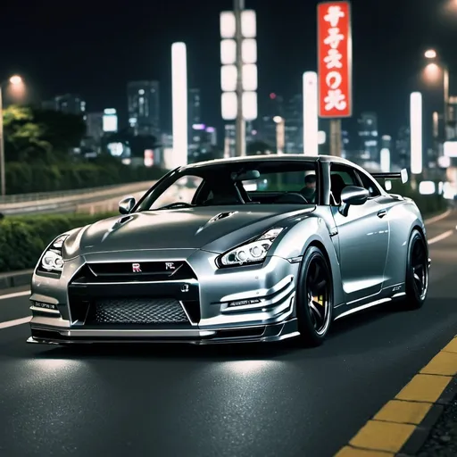 Prompt: Gt r34 on realistic road on th Tokio full HD at night