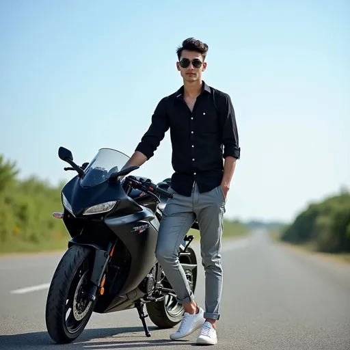 Prompt: A young man exudes confidence as he poses next to a sleek black motorcycle on a wide, open road, under a clear blue sky. Dressed in a black button-down shirt and light gray pants with stylish white sneakers, he stands casually with one hand on the bike's handlebar, wearing dark sunglasses that shield his eyes from the sunlight. The road stretches out behind him, flanked by greenery in the distance, creating a sense of adventure and freedom. The bright daylight casts soft shadows, emphasizing the modern design of the motorcycle, suggesting a narrative of youthful exploration and the thrill of the open road.