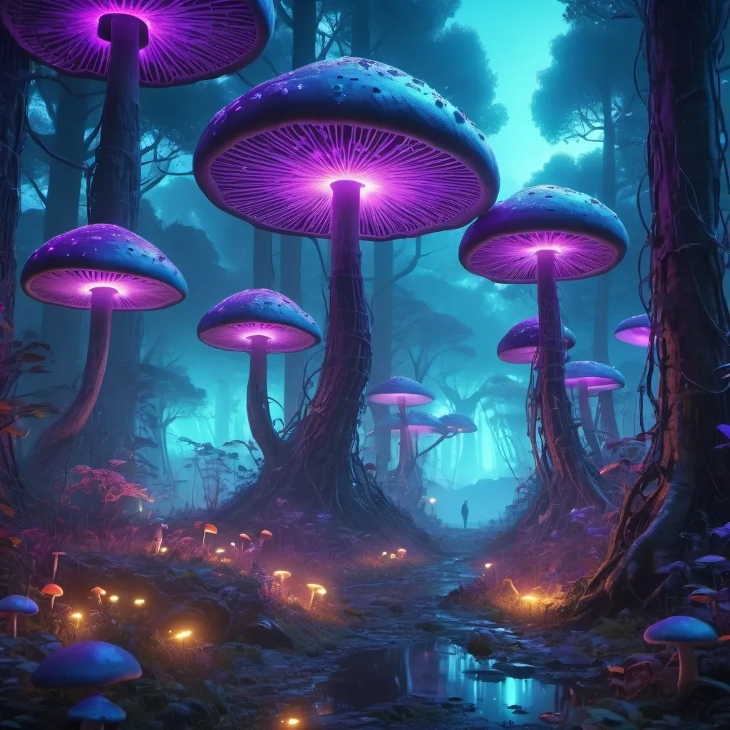 Prompt: A cybernetic forest at dusk with neon mushrooms and digital wildlife.