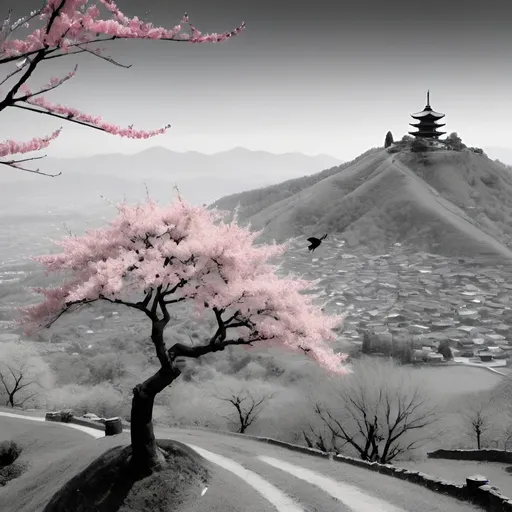 Prompt: Realistic, black and white, many hills, sky, small pink cherry tree, on a hill, in the middle, far away, view of a bird, extremely small Japanese temple in the far background
