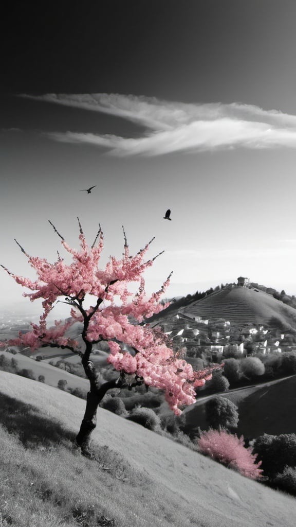 Prompt: Black and white, hills, sky, small pink cherry tree on a hill in the middle, view of a bird