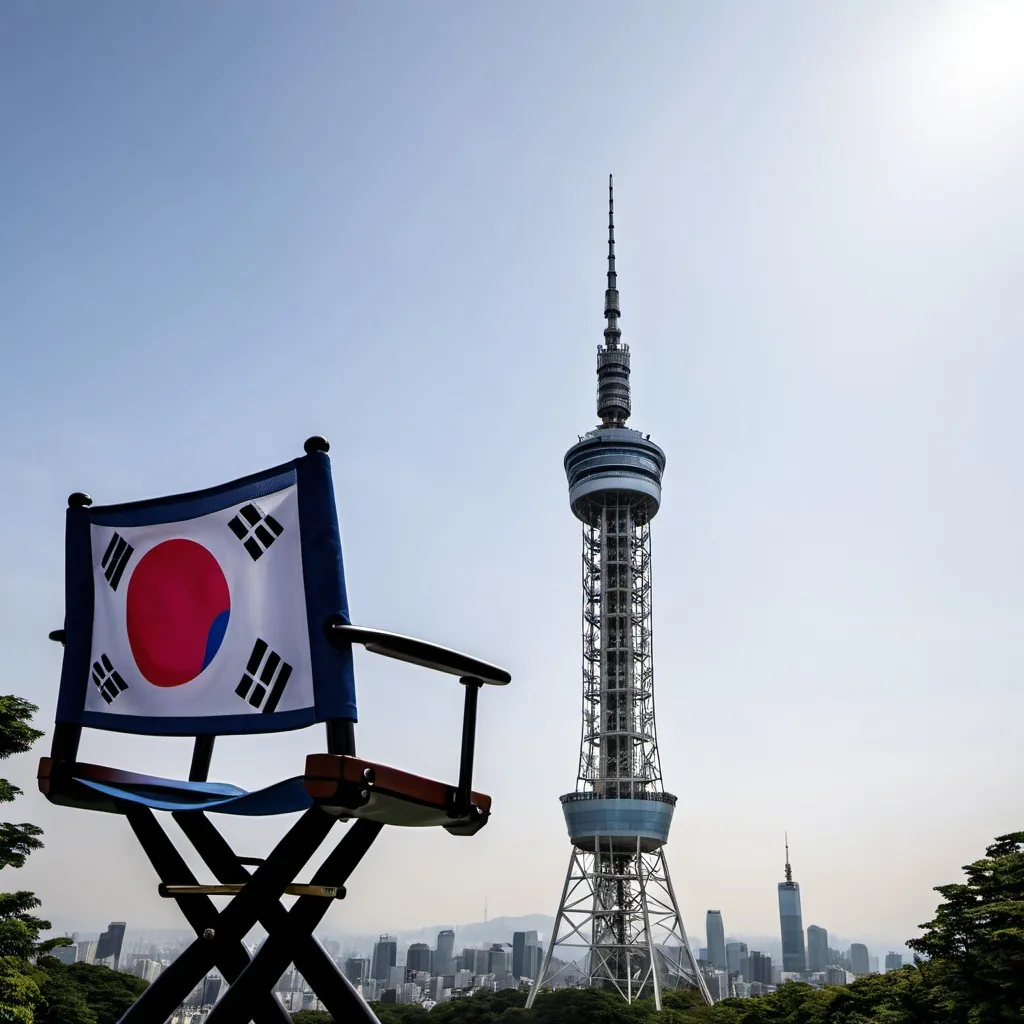 Prompt: Namsan tower and korean flag in the sky and directors chair with a film tape .