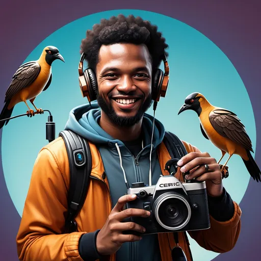 Prompt: a man with headphones on holding a camera and a microphone in his hand and smiling at the camera, Cedric Seaut (Keos Masons), afrofuturism, birds, a character portrait