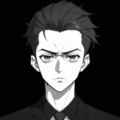 Prompt: a man with a black shirt and a black tie on his shirt is staring at the camera with a serious look on his face, Adam Manyoki, rayonism, anime art style, a character portrait