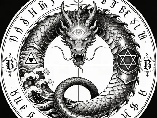 Prompt: Occult tattoo design, blackwork style, circular composition. Central image: Leviathan sea serpent in ouroboros formation (tail in mouth), detailed dragon scales, fierce but protective appearance. 

Serpent head features: prominent third eye symbol on forehead (glowing), dragon-like features, open mouth biting tail.

Body details: 
- Right side: inverted pentagram integrated into scales
- Left side: alchemical water symbol (downward triangle) with wave patterns
- Entire body: highly detailed armored scales, some appearing reinforced/plated
- Flowing movement suggesting water and primal energy

Background elements within circle:
- Four cardinal points marked with elemental symbols (🜁🜂🜃🜄)
- Optional outer ring with mystical script or runes
- Negative space used strategically for contrast

Style specifications:
- High contrast black and white
- Medieval grimoire illustration aesthetic
- Dotwork shading technique
- Clean, bold linework
- Symmetrical composition
- Vertical oval format (12cm x 10cm proportion)
- Suitable for upper back/nape placement

Mood: Protective, mystical, ancient power, occult symbolism, not aggressive but commanding presence.