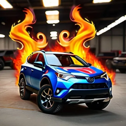 Prompt: Toyota RAV 4 Painted with fiery flames on the rear quarter panels, realistic 3D rendering, dramatic lighting, jacked up high with gigantic monster truck tires, PICES decal on the hood, high quality, realistic, fiery, dramatic lighting, intense atmosphere