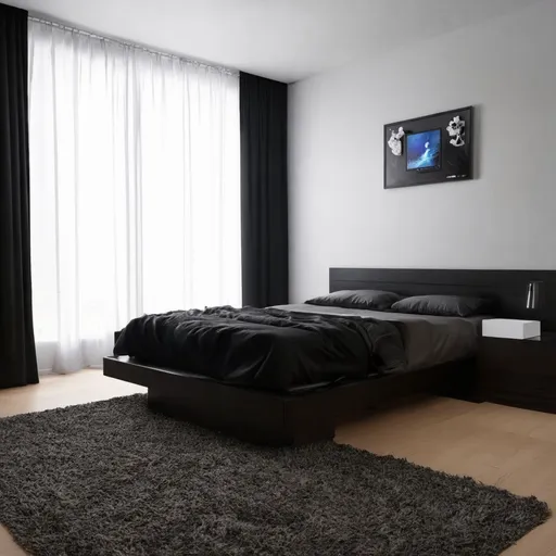 Prompt: make a room with black bed, bedframe with dark natural wood but white gaming setup
