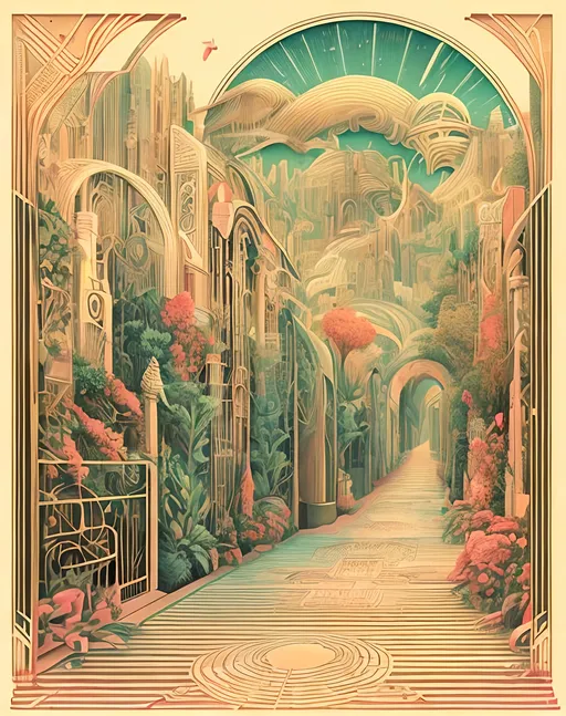 Prompt: hand drawn vintage art deco illustration, music album cover, hyper detailed, surrealism, narrow way, garden path