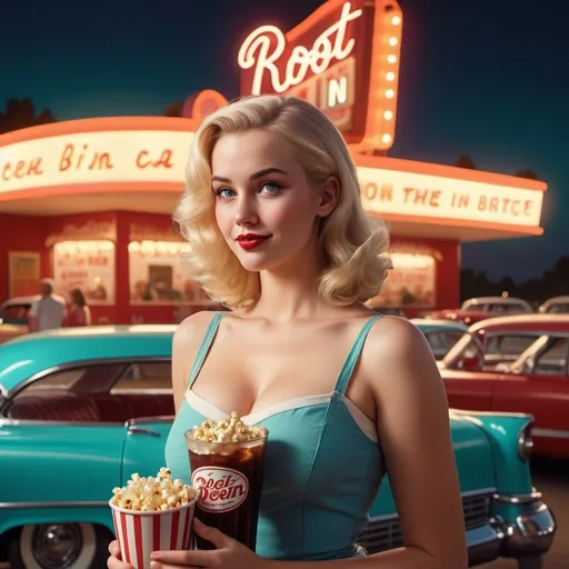 Prompt: big breasted blonde with root beer at a drive in theatre