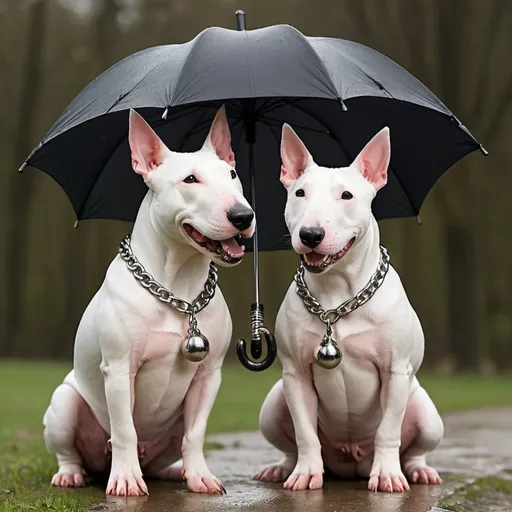 Prompt: two headed bit bull terrier on big chain with umbrella 