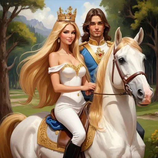 Prompt: An oil painting cartoon Beautiful women with golden long hair and a tiara with her prince riding a horse he has tan skin and very handsome 