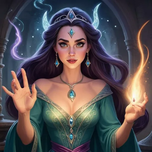 Prompt: A beautiful attractive Disney Drawing of a enchantress sorceress using   her magic spell w