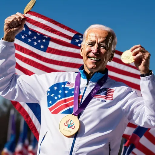 Prompt: Joe Biden w stroju amerykańskiej drużyny olimpijskiej zdobywając złoto na olimpiadzie