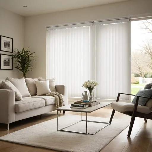 Prompt: White Vertical Blinds in a beautiful Living Setting