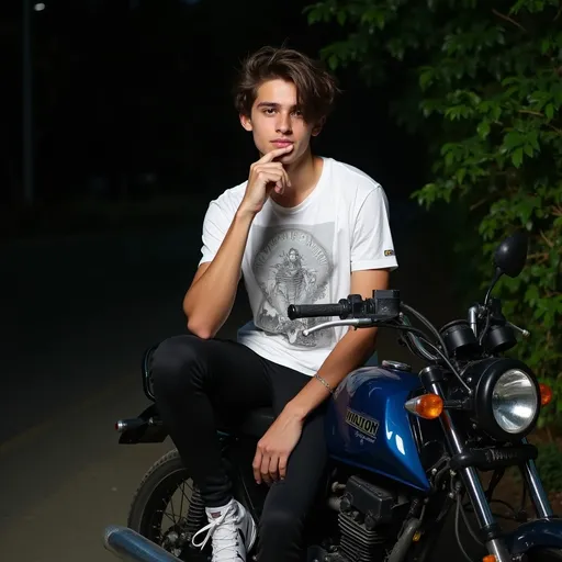 Prompt: A young man sits casually on a motorcycle at night, exuding a relaxed yet contemplative vibe as he touches his chin in a thoughtful pose. His black leggings and a loose-fitting white t-shirt with a graphic print contrast against the dark backdrop, while soft lighting highlights his features and tousled hair. The motorcycle, a black model with blue accents, stands on a slightly uneven surface, suggesting a casual outdoor setting, perhaps along a roadside. Lush greenery is visible in the background, adding depth to the scene and enhancing the overall laid-back atmosphere of the moment. The combination of the evening setting and his pensive expression creates an inviting yet introspective narrative, encapsulating a sense of youth and freedom.