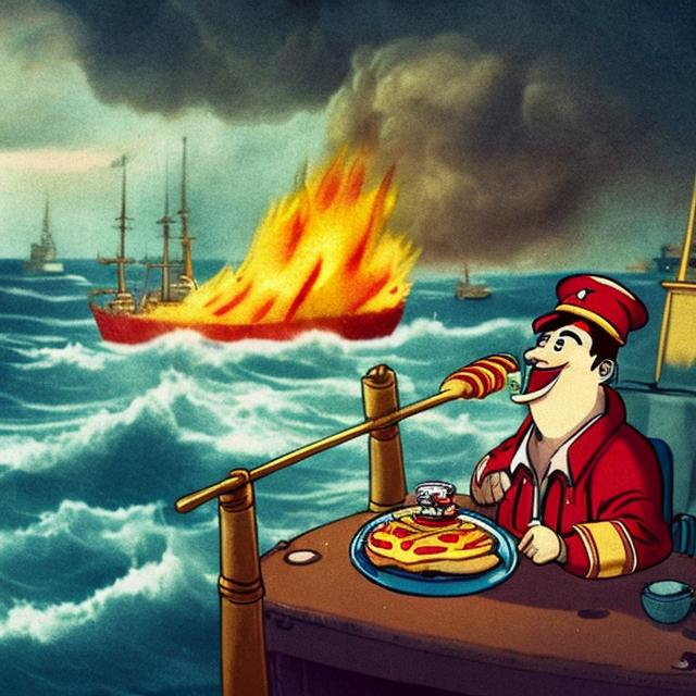 Prompt: There is a ship in rainy weather and lightning in the sea. The ship's flag is burning. The captain of the ship is eating a hamburger in a room on the ship.
