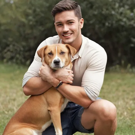 Prompt: Facebook male classic picture .
person that love animals 
with a short with a dog
just 1 person
look natural