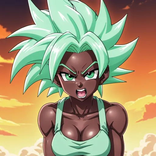Prompt: Anime Dark Skin Female supersayan dragon ball z scantily clad with mint green hair eyes crossed tounge out

