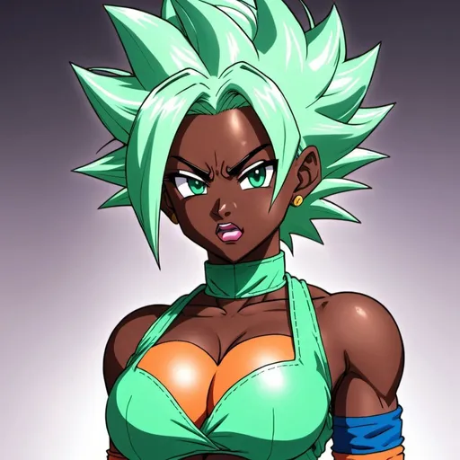 Prompt: Anime Dark Skin Female supersayan dragon ball z scantily clad with mint green hair
