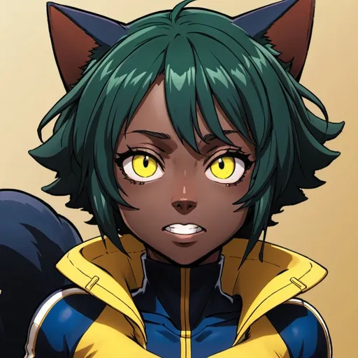 Prompt: My hero academia dark Skin Female with yellow eyes and cat features