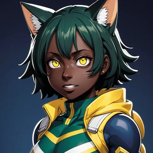 Prompt: My hero academia dark Skin Female with yellow eyes and cat features