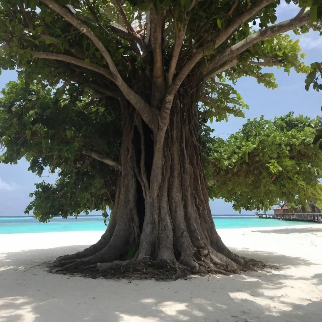 Prompt: Maldives resilient guesthouse with big tree