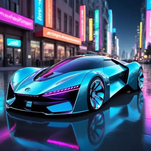 Prompt: Futuristic hydrogen supercar, glossy metallic finish, sleek aerodynamic design, cutting-edge technology, high-tech interior, futuristic cityscape backdrop, vibrant neon lights, high quality, ultra-detailed, futuristic, sleek design, high-tech, hydrogen-powered, cityscape, glossy metallic, vibrant neon lights, aerodynamic, cutting-edge technology, professional, atmospheric lighting