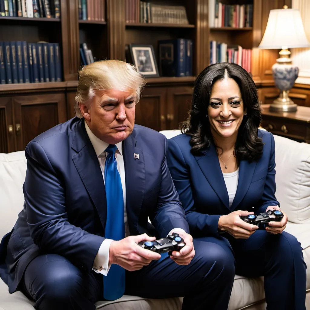 Prompt: trump and kamilla harris sitting on sofa playing computer games together