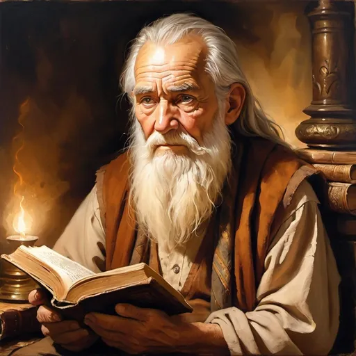 Prompt: Wise old man, traditional oil painting, flowing white beard, weathered face with wisdom, ancient book in hand, warm and comforting lighting, rich earthy tones, high quality, traditional art, wise eyes, serene atmosphere
