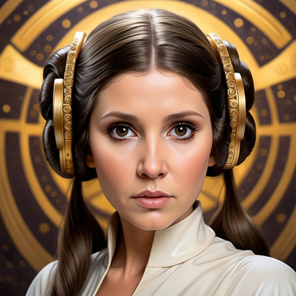 Prompt: A beautiful Princess Leia, long flowing dark brown hair with golden highlights, dark eyes, whimsical background, facial close-up, highly detailed