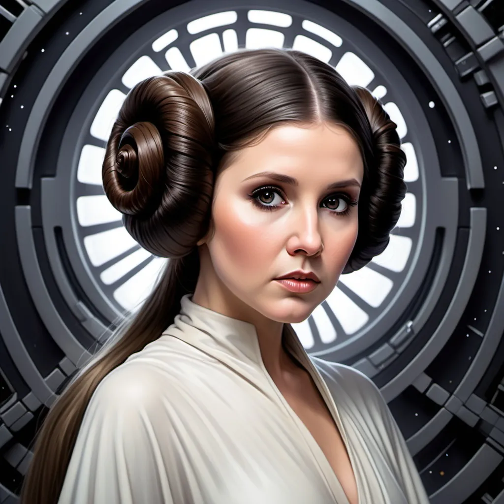 Prompt: A beautiful Princess Leia, long flowing hair, dark eyes, whimsical background, facial close-up, highly detailed