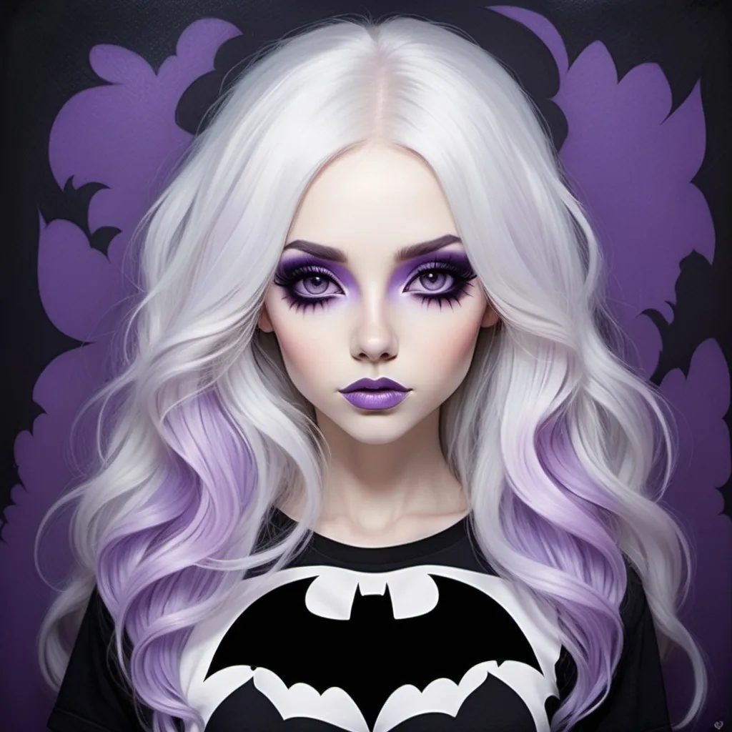 Prompt: A beautiful woman, long flowing white hair with pastel purple highlights, dark eyes, pastel colours, Lori Earley, whimsical background, wearing a Batman t-shirt