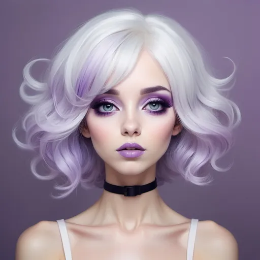 Prompt: A beautiful woman, white hair with pastel purple highlights, dark eyes, pastel colours, cartoon style, ant antennae, Lori Earley