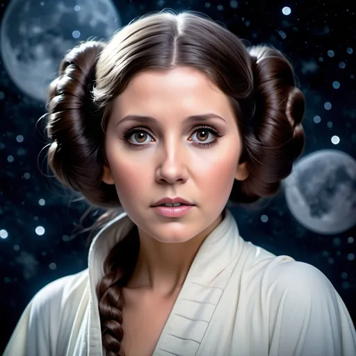 Prompt: A beautiful Princess Leia, long flowing hair, dark eyes, night sky background with stars, facial close-up, highly detailed, soft lighting