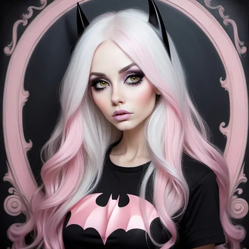 Prompt: A beautiful woman, long flowing white hair with pastel pink highlights, dark eyes, pastel colours, Lori Earley, whimsical background, wearing a black and yellow Batman t-shirt