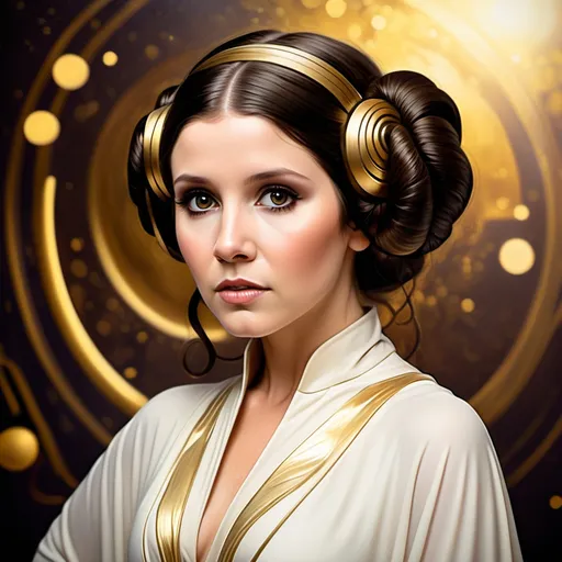 Prompt: A beautiful Princess Leia, long flowing dark brown hair with golden highlights, dark eyes, whimsical background