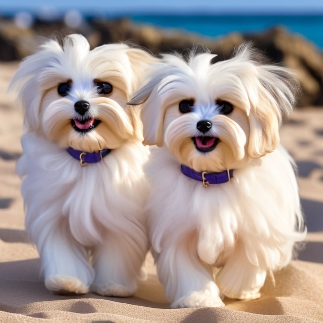 Prompt: two small Maltese fluffy puppies, one is black and white and the other is creamy white with expression of joy walking on the beach 