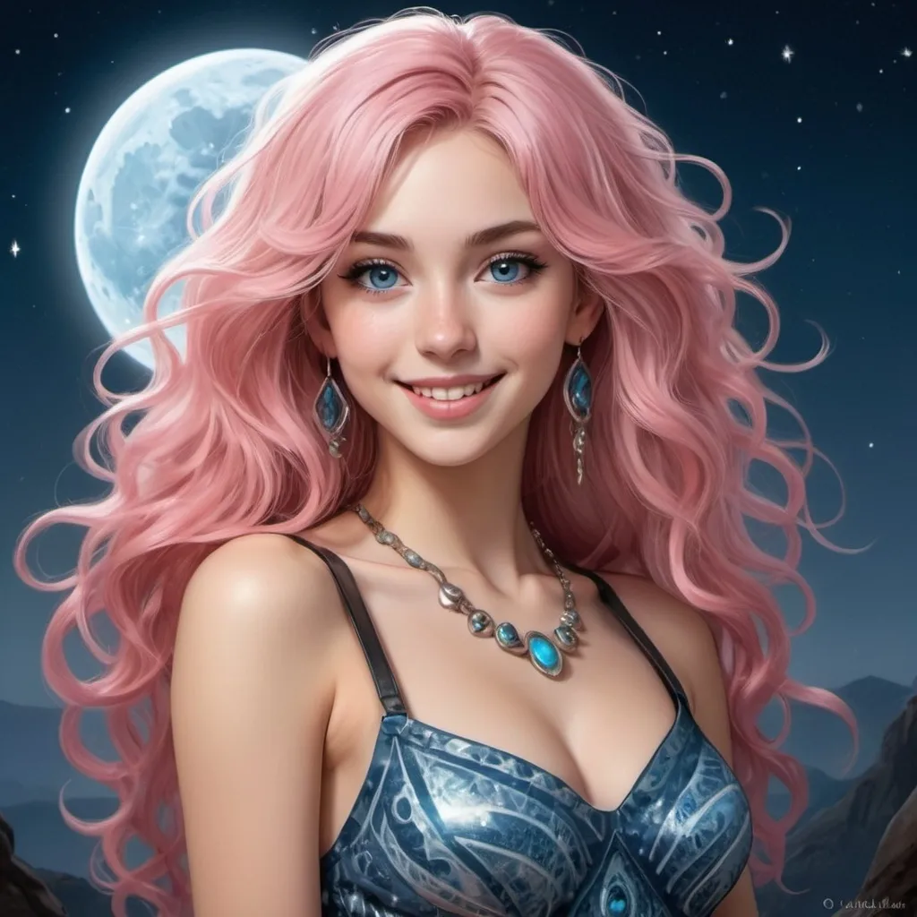 Prompt: "24-year-old girl in an anime-style illustration with long, curly pink hair cascading in soft waves down your back and chest. Your large, bright light blue eyes are accentuated with dark makeup and eyeliner, giving you a captivating gaze. Your harmonious face, with delicate features and a charming smile, cheers up anyone who meets your gaze. Always smiling, you convey great serenity and joy, leaving the viewer speechless. Your athletic physique is well-defined, a testament to your dedication to physical activity. You have long, toned legs and an elegant posture that exudes confidence and grace, moving gracefully and powerfully like a dancer or athlete. In a serene prehistoric landscape, you are dressed as an Amazon warrior, standing under the moonlight on a starry night. You wear a striking leather and animal hide outfit with intricate patterns. The moonlight bathes you in a soft, silvery glow, highlighting your radiant beauty and making your light blue eyes sparkle with tranquility and joy. The night sky above is a tapestry of countless stars, twinkling brightly against the deep blue expanse. The surrounding landscape is bathed in the gentle light of the moon, casting soft shadows and illuminating the natural beauty around you. Nearby, a gentle breeze rustles the leaves, adding to the peaceful atmosphere. The high-resolution image captures your serene and joyful expression as you enjoy the magical and relaxing moment under the starry sky, scene of prehistoric Amazon life."