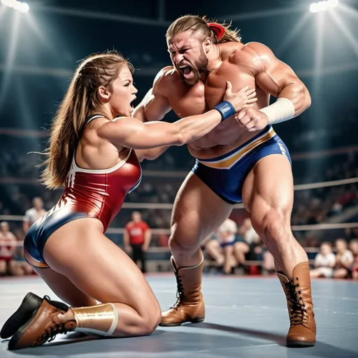 Prompt: Realistic wrestling scene with 1 muscular boy and 1 girl in a stadium, deep depth of field, blurry background, detailed muscles, long hair, open mouth, leotard, boots, intense wrestling action, professional lighting, high quality, realistic, stadium setting, blurred background, detailed thighs, intense wrestling, athletic, dramatic