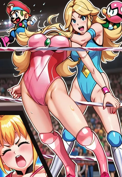 Prompt: Photorealistic illustration of multiple girls wrestling, tears and sweat, long blonde hair, pink leotard and pink footwear, red headwear, princess peach, samus aran, jewelry, open mouth with trembling and crying, large bosoms, navel cutout, blush, hat, leotard, profuse sweating, detailed hair, realistic clothing cutout, professional, photorealism, emotional scene, detailed jewelry, realistic tears, intense expression, highres, wrestling