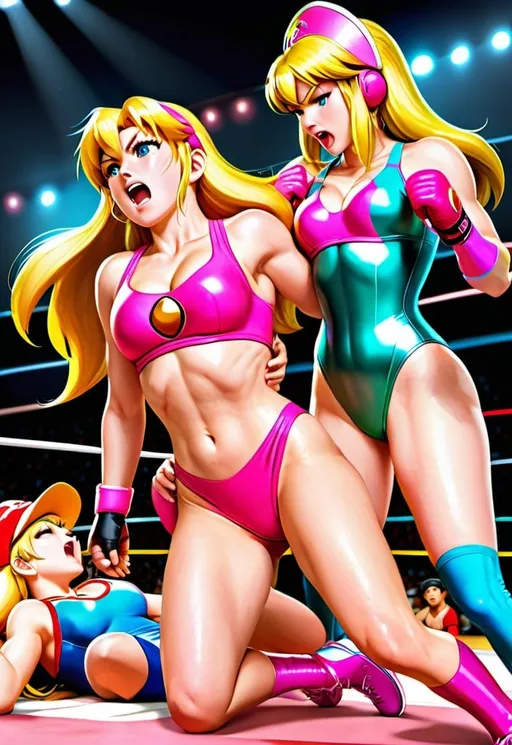 Prompt: Photorealistic illustration of multiple girls wrestling, tears and sweat, long blonde hair, pink swimsuit and pink footwear, red headwear, princess peach, samus aran, jewelry, open mouth with trembling and crying, large bosoms, navel cutout, blush, hat, leotard, profuse sweating, detailed hair, realistic clothing cutout, professional, photorealism, emotional scene, detailed jewelry, realistic tears, intense expression, highres, wrestling