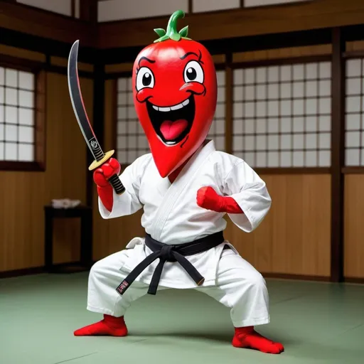 Prompt: A Red Chili pepper dressed as a samari in a karate stance with a katana in a dojo


