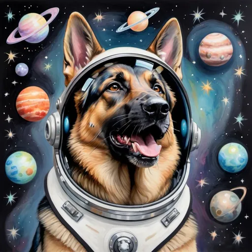 Prompt:  full body of a German shepherd dog wearing a space helmet with his mouth open and tongue out, floating in space surrounded by stars and planets, pastel painting