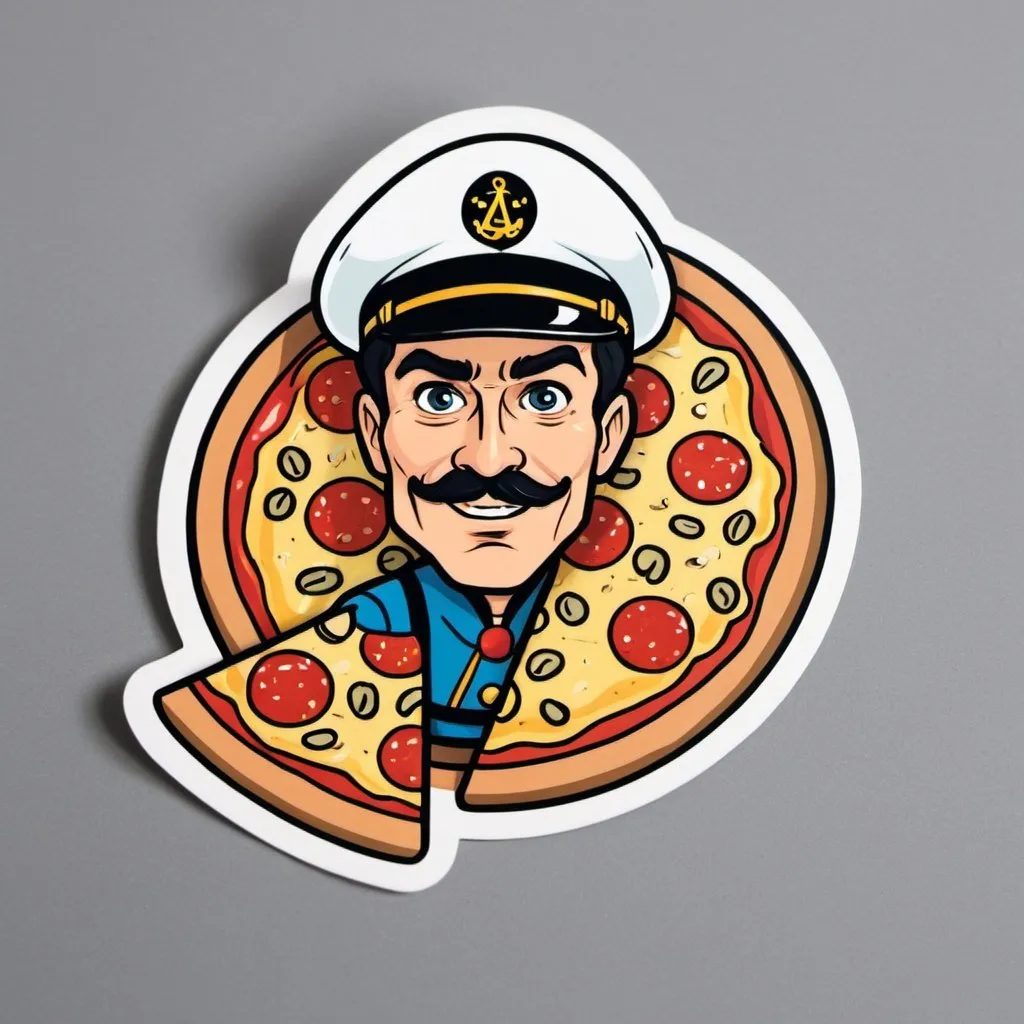 Prompt: die cut sticker of captain pizza dude